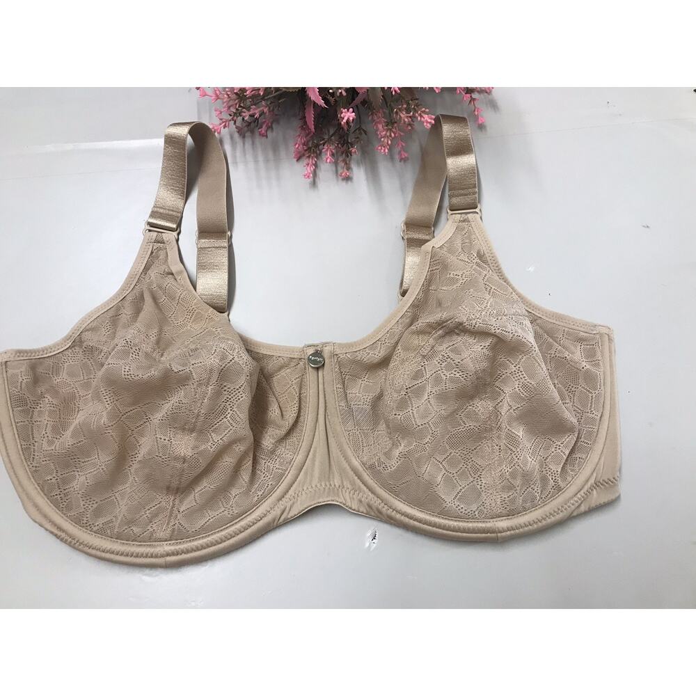 Plus Parfait Womens Nude Lace Bra Underwire Support 38F Sheer Sexy Metal Accent